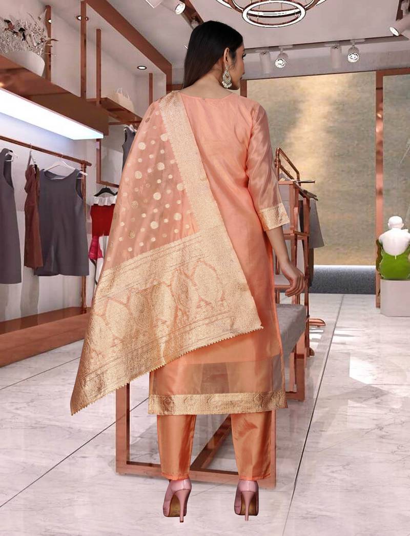 Organza with Printed Fabric Work Straight Kurta, Pant and Dupatta Set