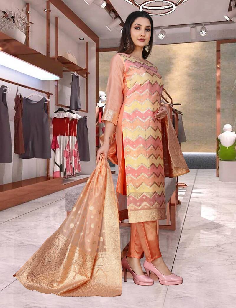 Organza with Printed Fabric Work Straight Kurta, Pant and Dupatta Set