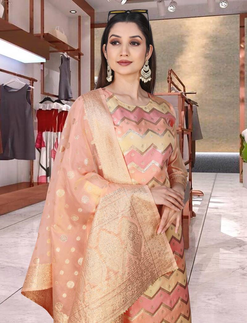 Organza with Printed Fabric Work Straight Kurta, Pant and Dupatta Set