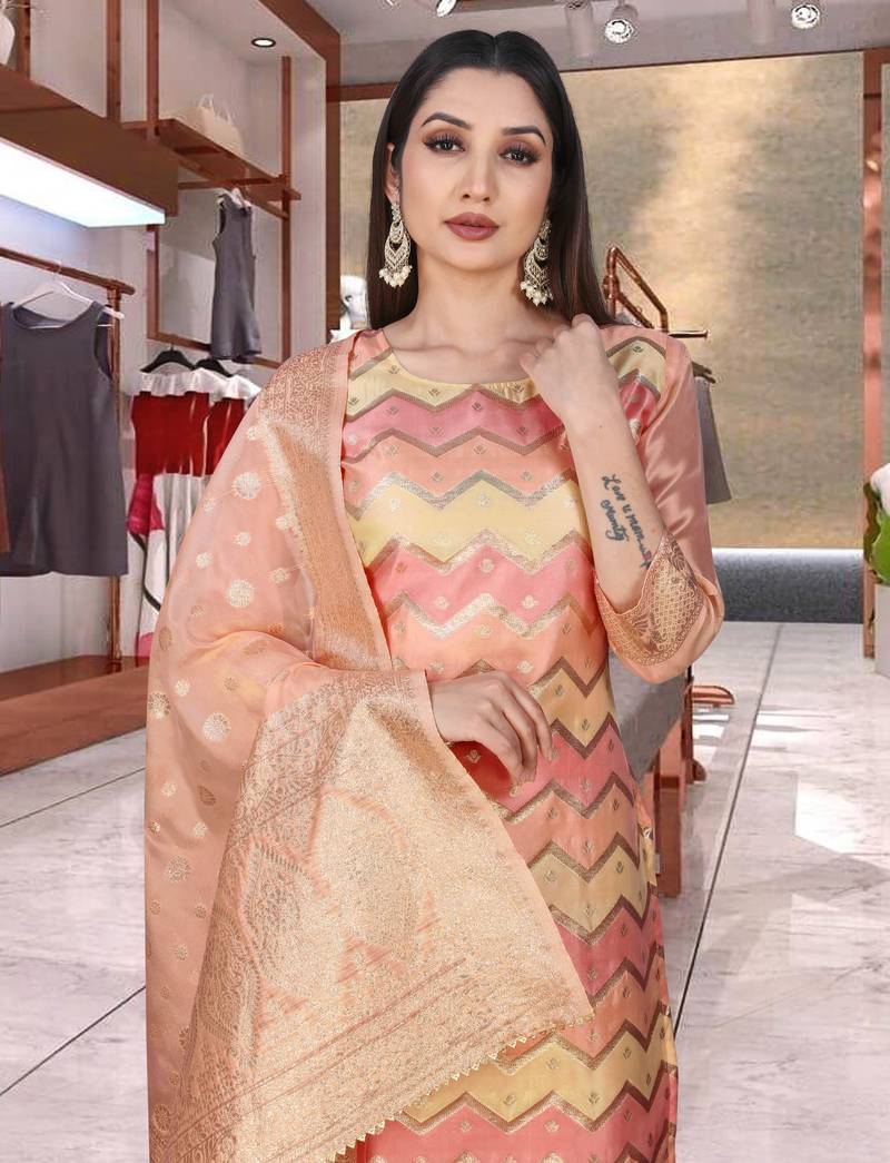 Organza with Printed Fabric Work Straight Kurta, Pant and Dupatta Set