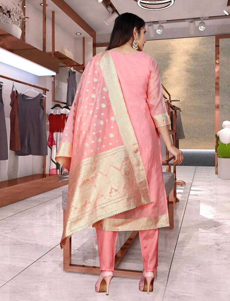 Organza with Printed Fabric Work Straight Kurta, Pant and Dupatta Set