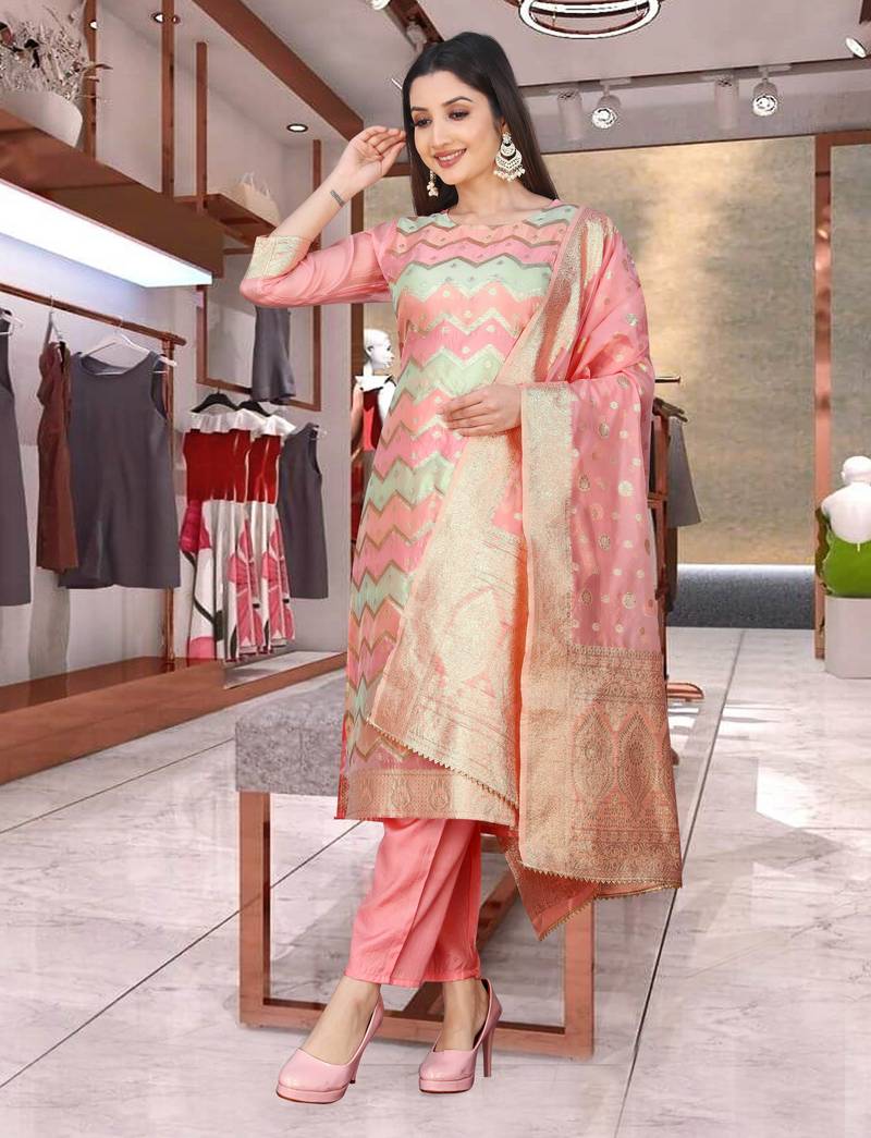 Organza with Printed Fabric Work Straight Kurta, Pant and Dupatta Set