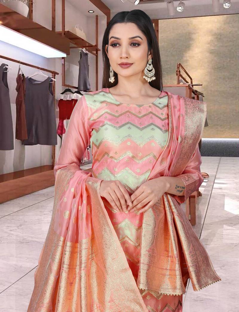 Organza with Printed Fabric Work Straight Kurta, Pant and Dupatta Set