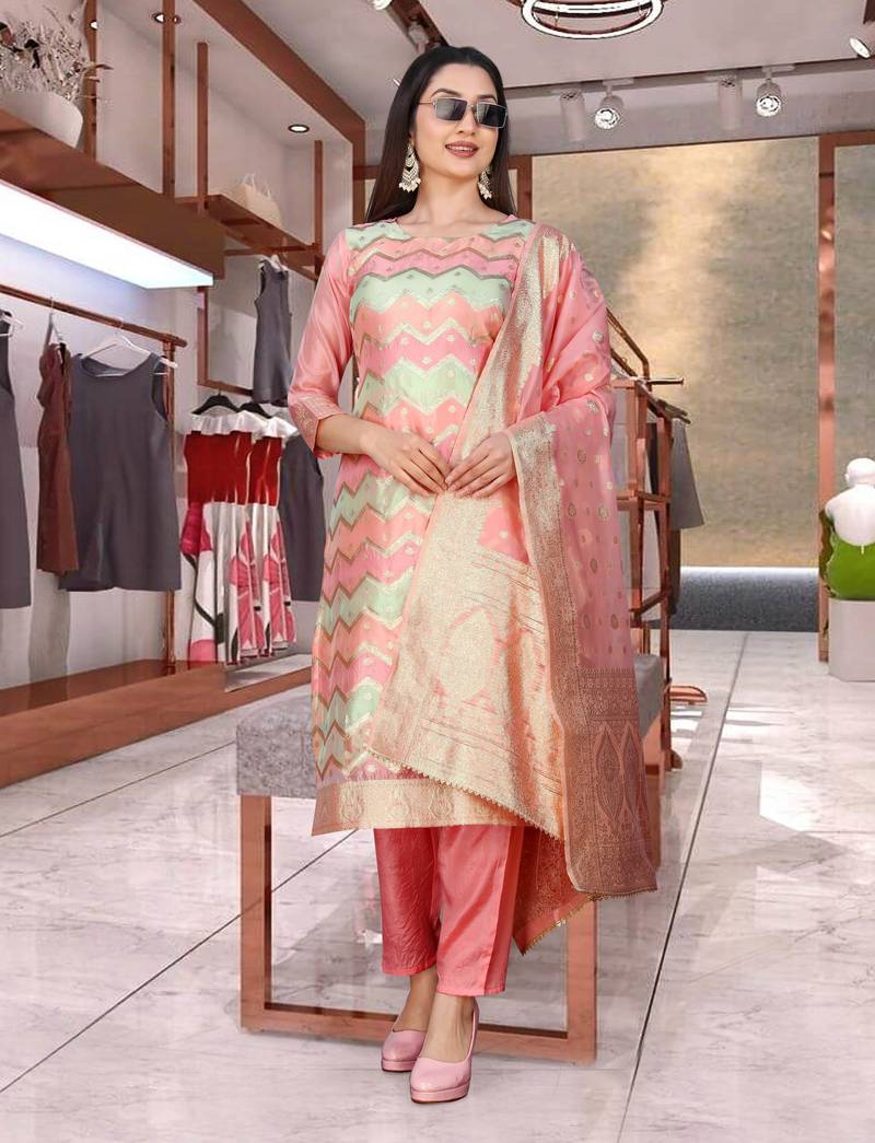 Organza with Printed Fabric Work Straight Kurta, Pant and Dupatta Set