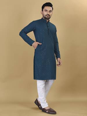 Navy blue embroidered rayon straight kurta 2