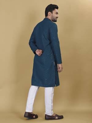 Navy blue embroidered rayon straight kurta 3