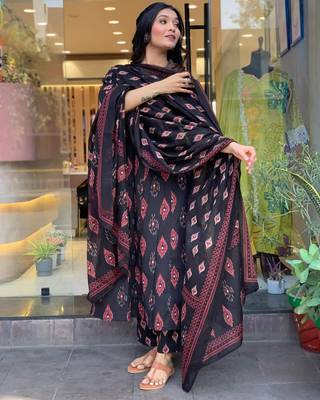 Cotton Fabric Printed work Straight cut Kurta, Pant and Dupatta Set 3