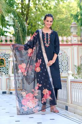 Women Black Chanderi Silk Embroidered Kurta Pant Dupatta Set 1
