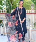 Women Black Chanderi Silk Embroidered Kurta Pant Dupatta Set