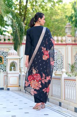 Women Black Chanderi Silk Embroidered Kurta Pant Dupatta Set 2
