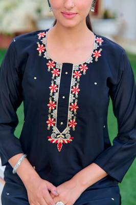 Women Black Chanderi Silk Embroidered Kurta Pant Dupatta Set 4