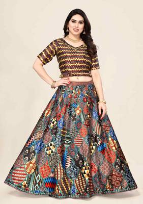 Ethnic Motifs Digital Print Shiney Satin Croptop Lehenga Choli With Unstitched Blouse For Women and Girls 1