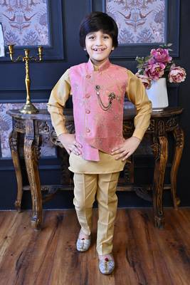 Boys cotton blend floral brocade waistcoat with kurta & pants set - rose pink 1