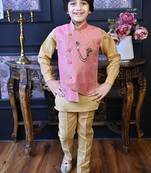 Boys cotton blend floral brocade waistcoat with kurta & pants set - rose pink