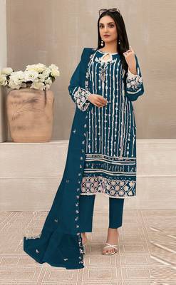 Teal embroidered faux georgette semi stitched salwar suit 1