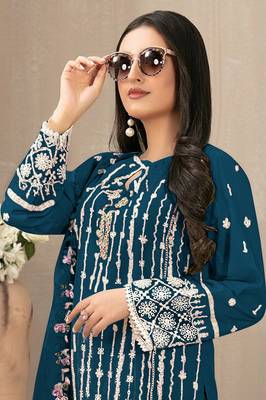 Teal embroidered faux georgette semi stitched salwar suit 3