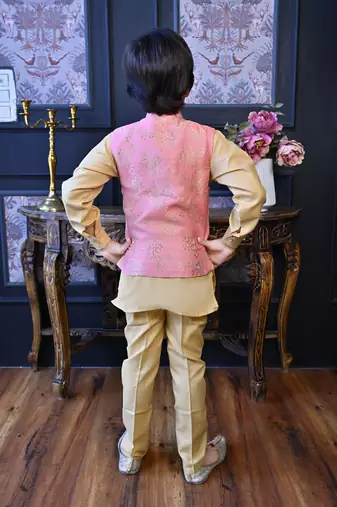 Boys cotton blend floral brocade waistcoat with kurta & pants set - rose pink