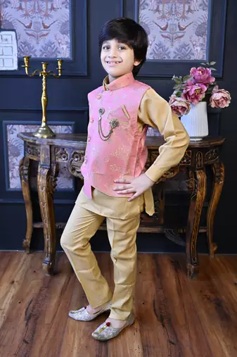Boys cotton blend floral brocade waistcoat with kurta & pants set - rose pink