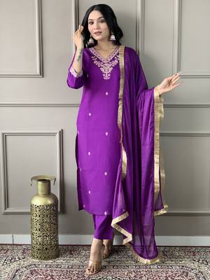 Embroidery Neck with Rayon Slub Fabric Straight Kurta, Pant and Dupatta Set 5