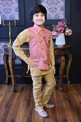 Boys cotton blend floral brocade waistcoat with kurta & pants set - rose pink 4
