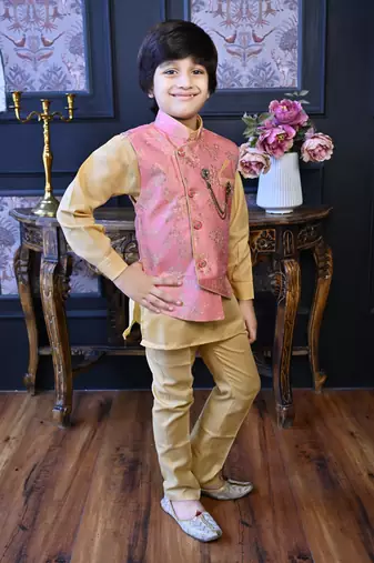 Boys cotton blend floral brocade waistcoat with kurta & pants set - rose pink