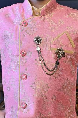 Boys cotton blend floral brocade waistcoat with kurta & pants set - rose pink 5