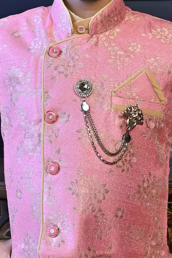 Boys cotton blend floral brocade waistcoat with kurta & pants set - rose pink