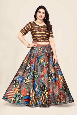 Ethnic Motifs Digital Print Shiney Satin Croptop Lehenga Choli With Unstitched Blouse For Women and Girls 2