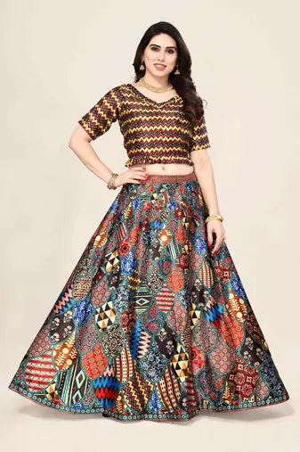Ethnic Motifs Digital Print Shiney Satin Croptop Lehenga Choli With Unstitched Blouse For Women and Girls