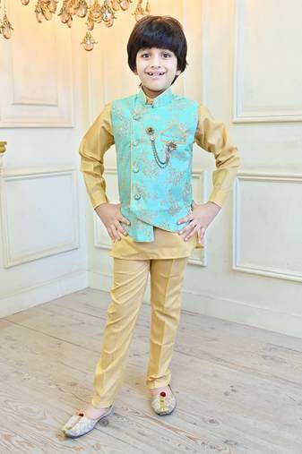 Boys cotton blend floral brocade waistcoat with kurta & pants set - turquoise