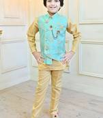 Boys cotton blend floral brocade waistcoat with kurta & pants set - turquoise