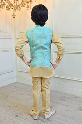 Boys cotton blend floral brocade waistcoat with kurta & pants set - turquoise 2