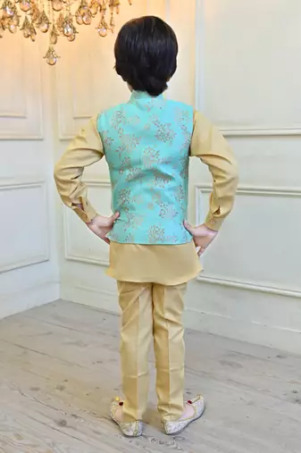 Boys cotton blend floral brocade waistcoat with kurta & pants set - turquoise