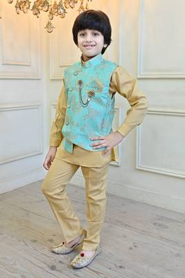 Boys cotton blend floral brocade waistcoat with kurta & pants set - turquoise 3