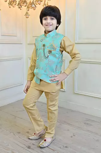 Boys cotton blend floral brocade waistcoat with kurta & pants set - turquoise