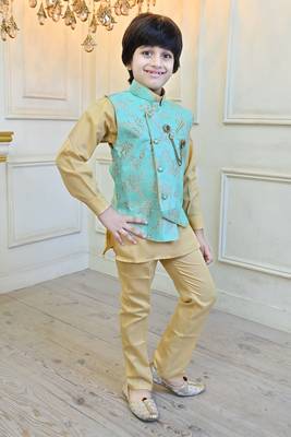 Boys cotton blend floral brocade waistcoat with kurta & pants set - turquoise 4