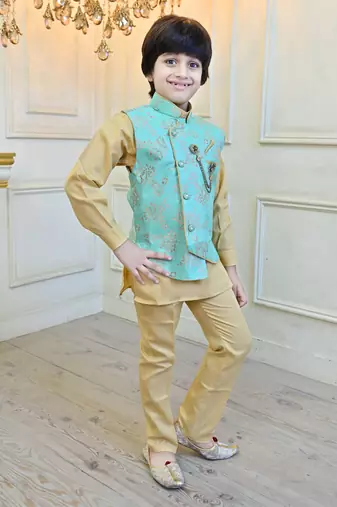 Boys cotton blend floral brocade waistcoat with kurta & pants set - turquoise