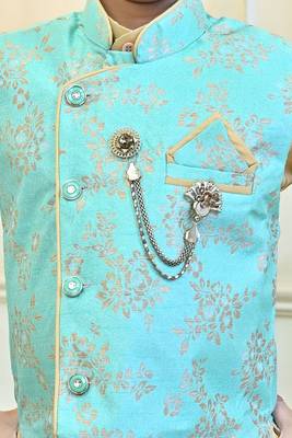 Boys cotton blend floral brocade waistcoat with kurta & pants set - turquoise 5