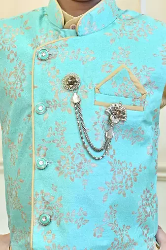 Boys cotton blend floral brocade waistcoat with kurta & pants set - turquoise