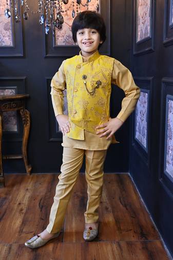 Boys cotton blend floral brocade waistcoat with kurta & pants set - butter yellow