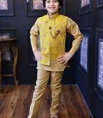 Boys cotton blend floral brocade waistcoat with kurta & pants set - butter yellow