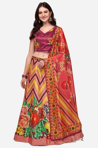 Digital Floral Print Satin Silk Semistitched Lehenga Choli For Women and Girls In Festive Party And Traditional Wear