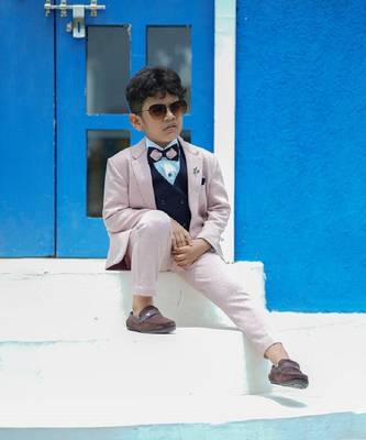 Self-checked light pink and blue coat suit for boys 5