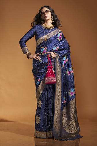 Handloom Silk Blend Navy Blue Weaving Zari Classic Saree