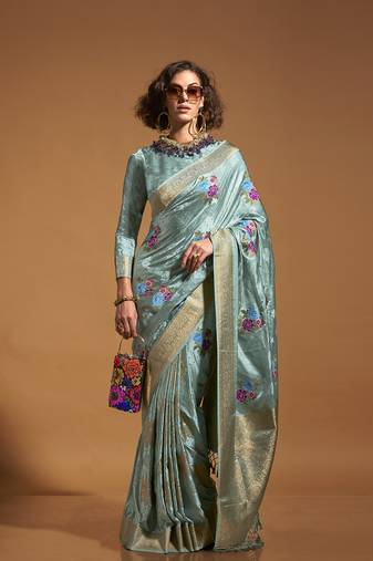 Handloom Silk Blend Aqua Blue Contemporary Saree For Ceremonial