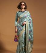 Handloom Silk Blend Aqua Blue Contemporary Saree For Ceremonial