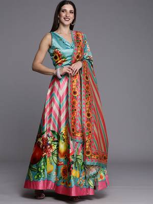 Digital Floral Print Satin Silk Semistitched Lehenga Choli For Women and Girls In Festive Party And Traditional Wear 1