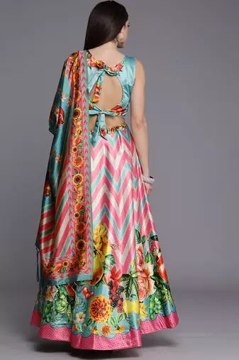 Digital Floral Print Satin Silk Semistitched Lehenga Choli For Women and Girls In Festive Party And Traditional Wear