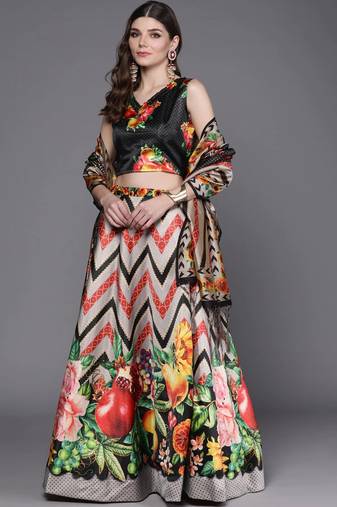 Digital Floral Print Satin Silk Semistitched Lehenga Choli For Women and Girls In Festive Party And Traditional Wear
