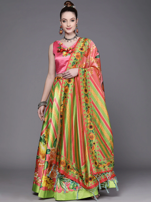Digital Floral Print Satin Silk Semistitched Lehenga Choli For Women and Girls In Festive Party And Traditional Wear 1